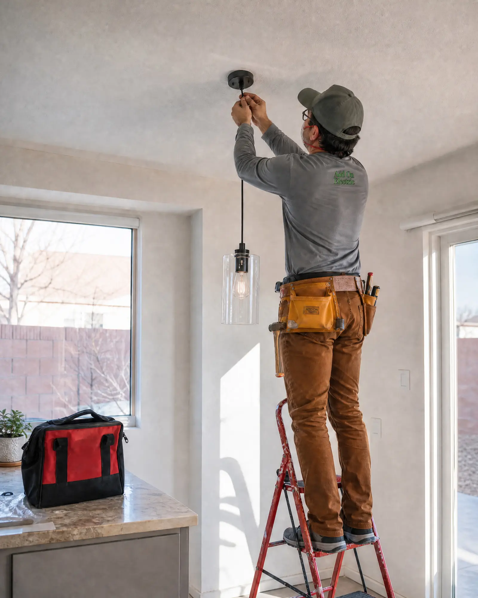Add On Electric electrician installing a pendant light in a New Mexico home