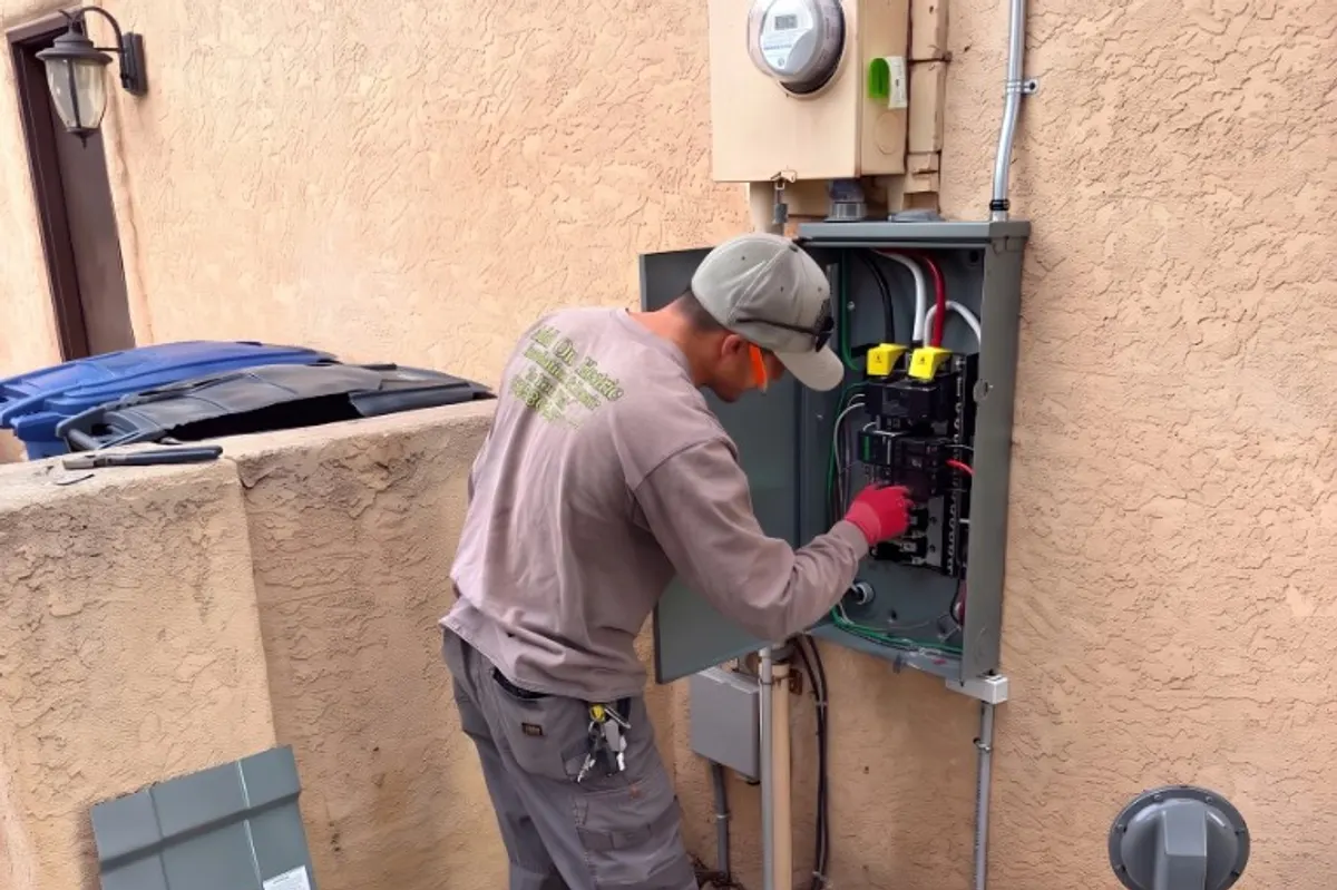 Electrician installing a service panel on a New Mexico home