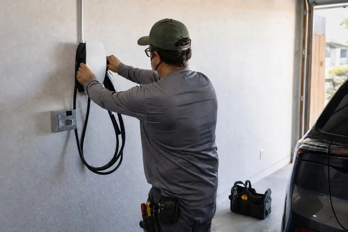 Electrician installing a Level 2 EV charger in a garage