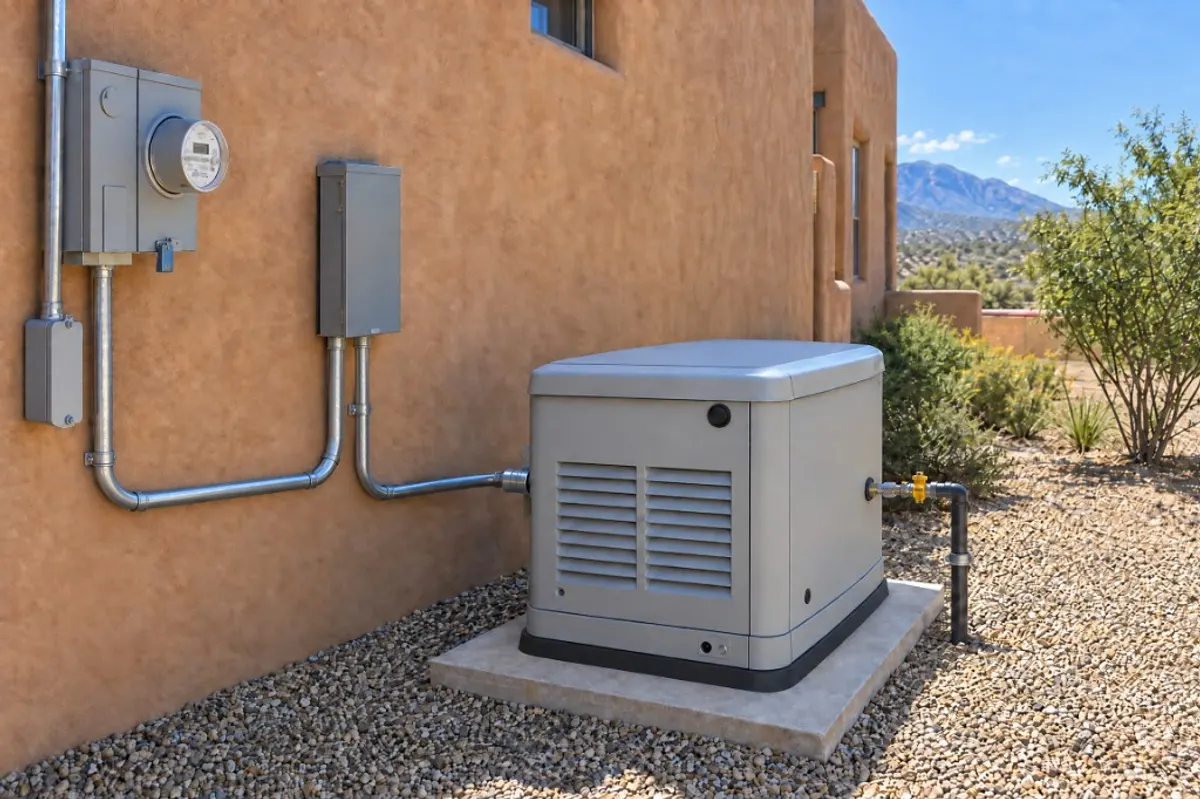 Home backup generator installed beside a New Mexico house