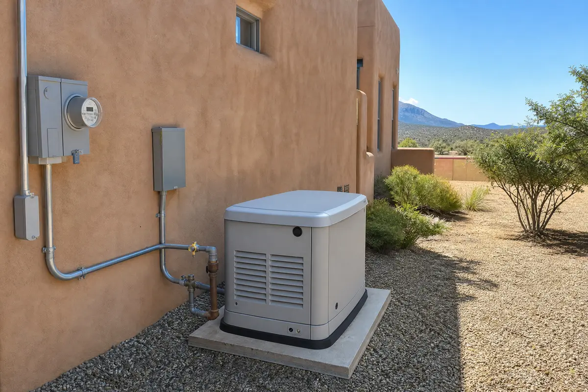 Home backup generator installed beside a New Mexico house