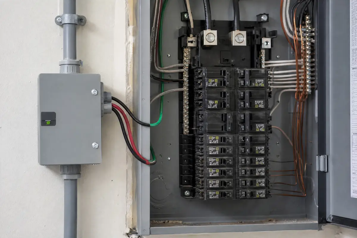 Whole-home surge protector installed next to a residential panel