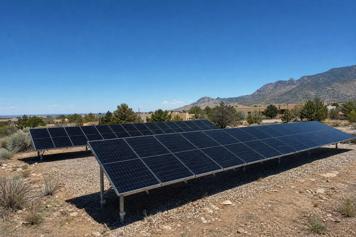 Ground-mount solar array in Albuquerque with an Add On Electric service van on site